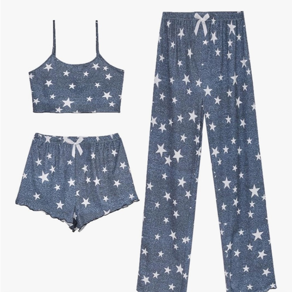 Star Cropped Pajama Set Small Blue White Shorts and Pants